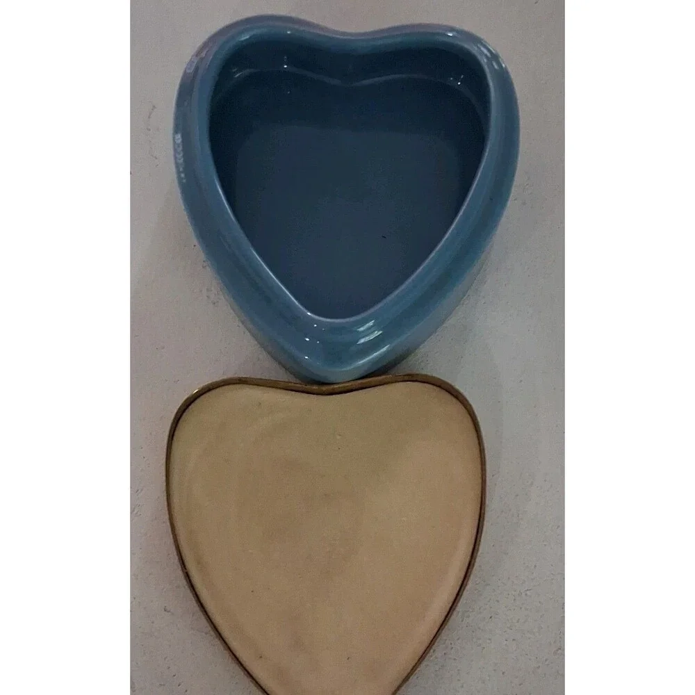 Vintage Count On Me Blue Heart Trinket Box Floral Needlepoint Lid Ceramic MadeUK